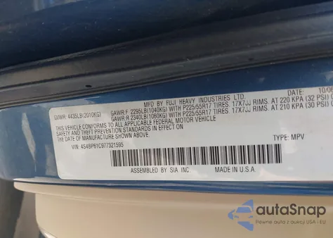 2007 Subaru Outback 2.5I z USA, uszkodzony, nr VIN 4S4BP61C977321595